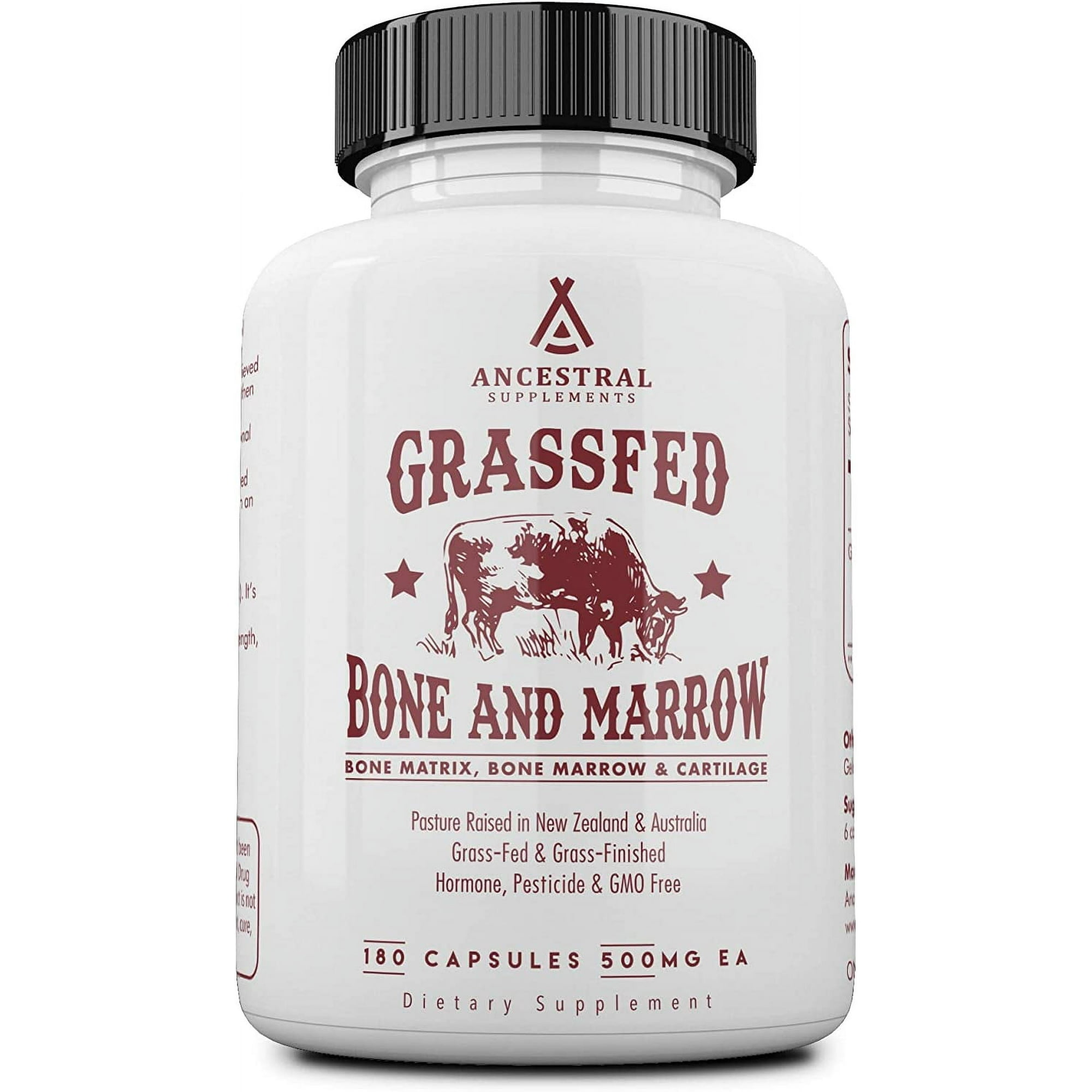 Ancestral Supplements Grass Fed Beef Bone and Marrow Supplement, 3000mg, Skin, Oral Health, and Joint Support Supplement, Promotes Whole-Body Wellness, Non GMO Whole Bone Extract, 180 Capsules