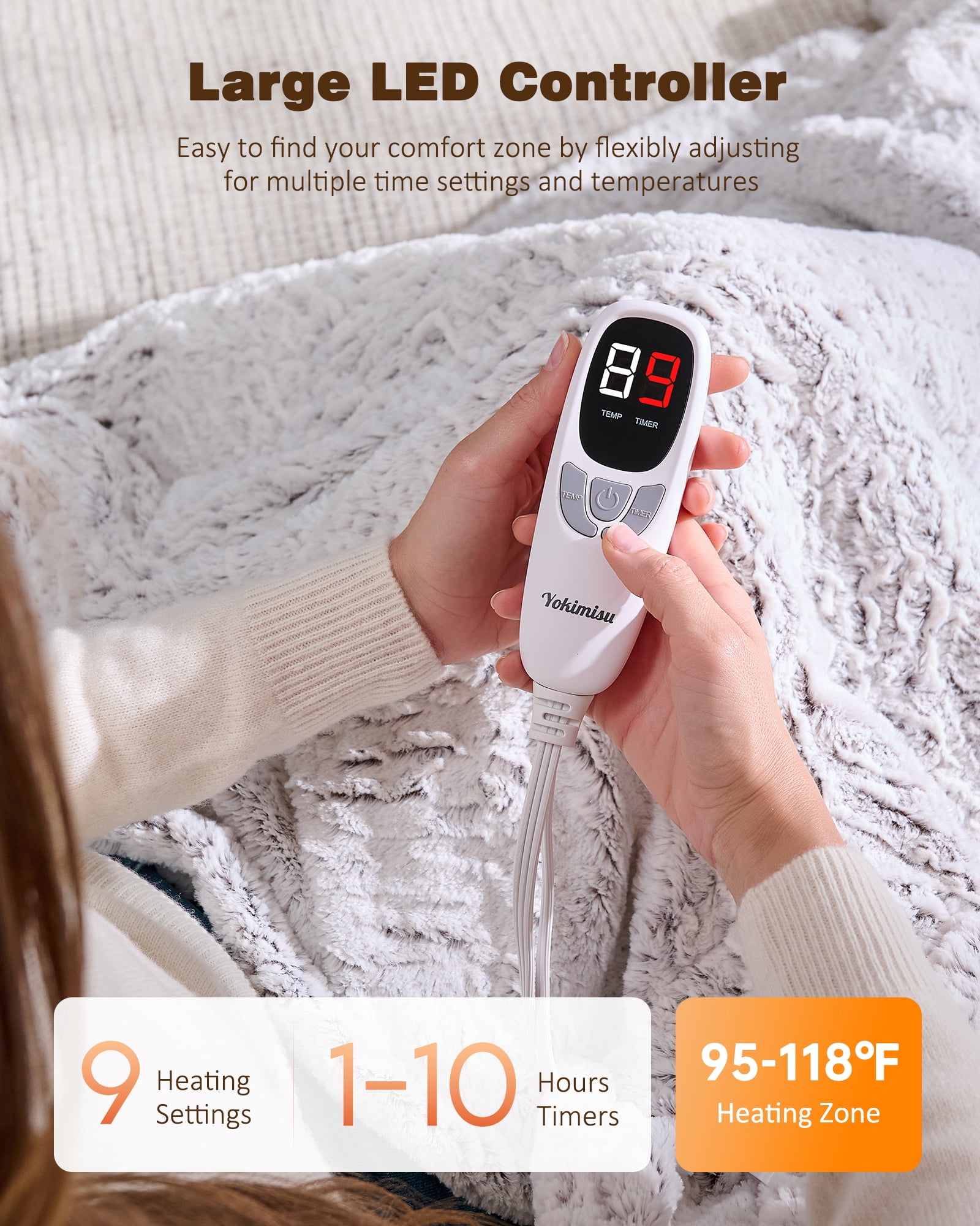 Ocuuziisu 62" × 84" Twin Size Electric Heated Blanket — 9 Heat Levels, 1–10H Timer, Fast Even Warming Electric Blanket, Machine Washable — Brushed White