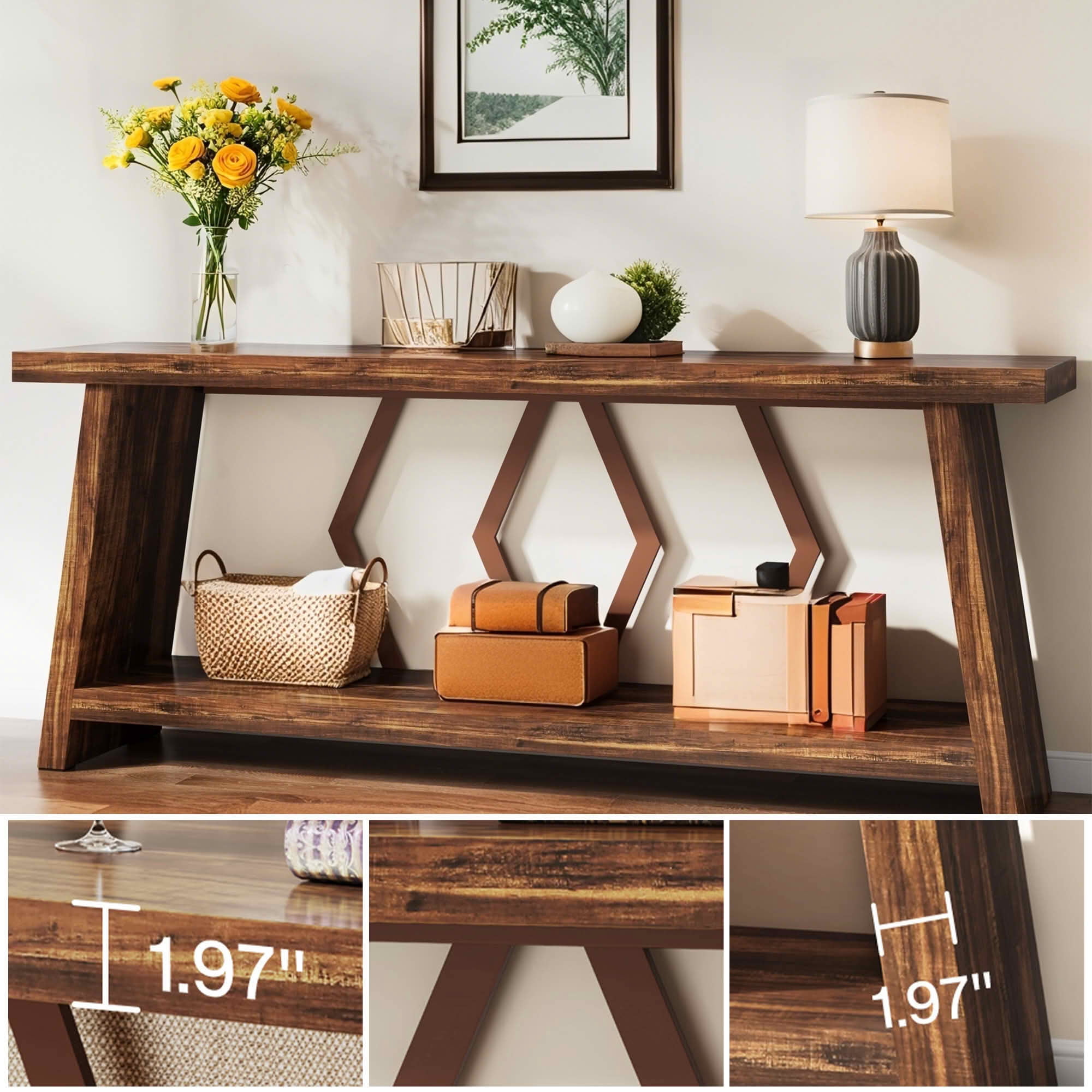 MAYEERTY 70.86" Extra Long 2-Tier Console Table, 1.97" Thick Wood Top Angular Rustic Metal Frame Sofa Table
