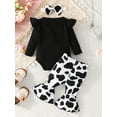 thumbnail image 3 of Wassery Infant Girls Birthday Outfits 3Pcs Baby Girls Fall Clothes Set Newborn Girls Letter Cow Print Long Sleeve Rompers Long Flare Pants Headband 0-18M, 3 of 9