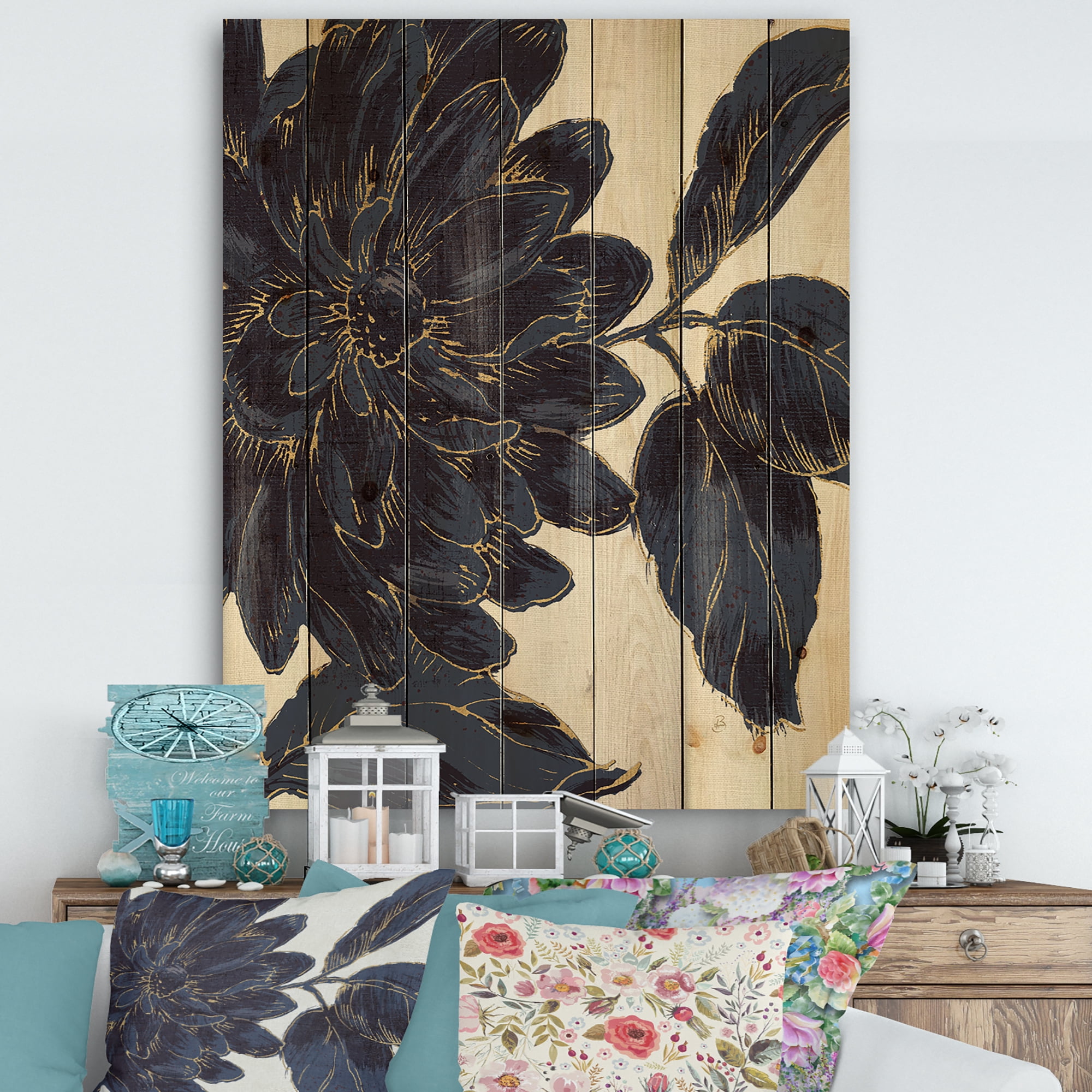 Designart 'Indigo Gold Metallic Flower' Traditional Print on Natural Pine Wood