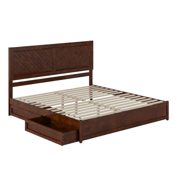 Clayton King Wood Platform Bed with Panel Footboard & Storage Drawers in Walnut