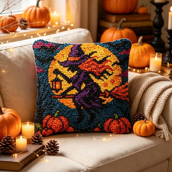 Halloween Needlepoint Cushion Cover Kit, Printed Canvas Half Cross Stitch Project with Yarn and Embroidery Supplies for Handmade Sofa Pillow Decor, Autumn Crafting and Home Display, B