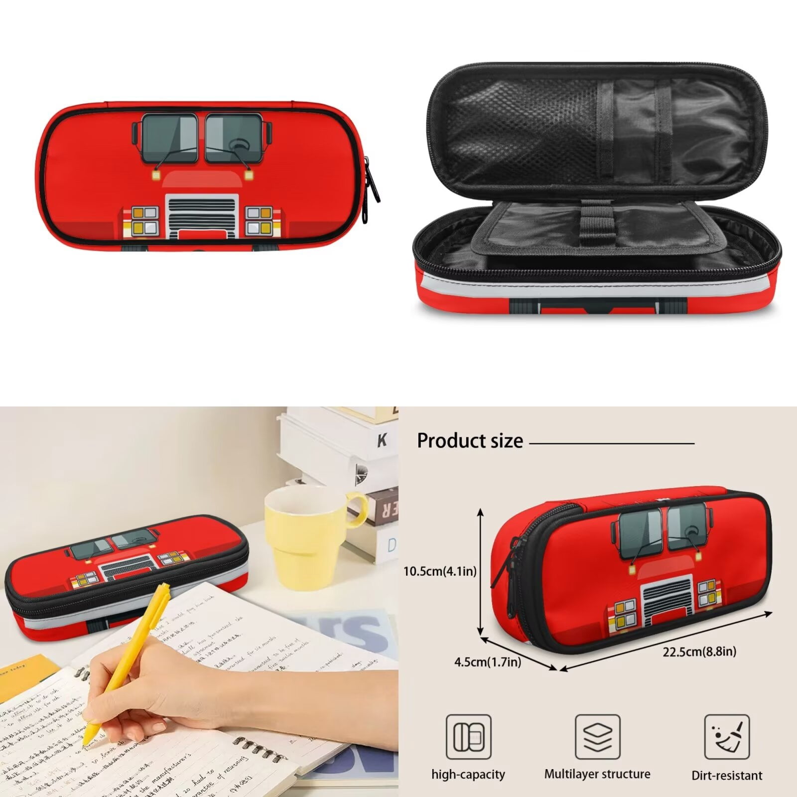 Pzuqiu Red Fire Truck Kids Backpack for School 4pcs 17 Inch Boys Backpack with Lunch Box Pencil Case Water Bottle Holder Kids Backpacks Lightweight Casual Daypack for Boys