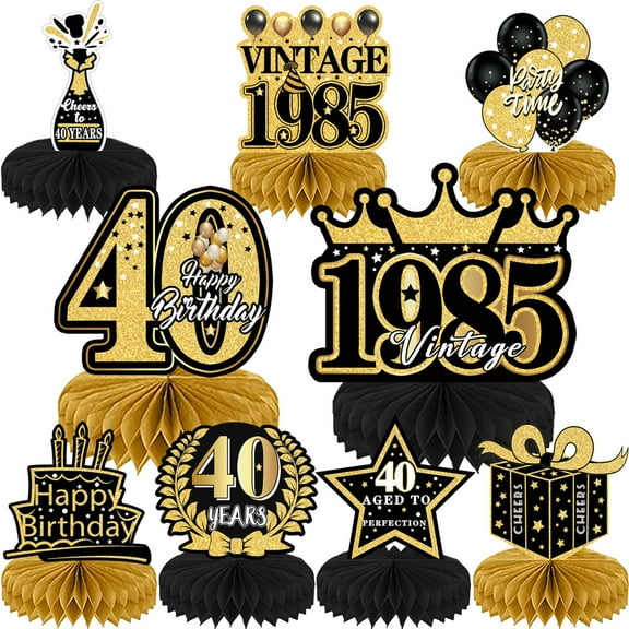 Refavor 9Pcs 40th Birthday YPF5 Party - 40th Birthday for Men Women Black Gold Party Supplies Table Honeycomb Centerpieces Over the Hill Aged to Perfection Decor