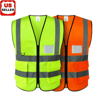 Pioneer Hi-Vis Safety Vest For Men - ANSI Class 2, Neon Orange/Yellow, 8 Pockets, Zipper Closure For Construction & Traffic Work