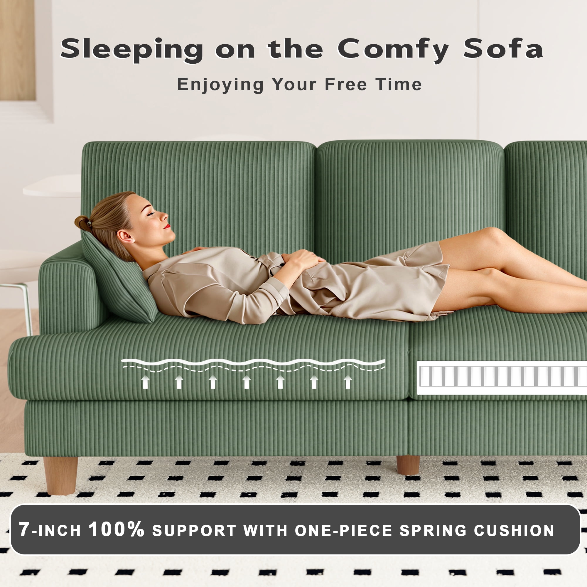 AAQZ 87" Corduroy Sofa Couch for Living Room, 3 Seater Deep Seat Comfy Couch in a Box, 2 Cushions, 2 Pillows Tool-Free Setup,Green