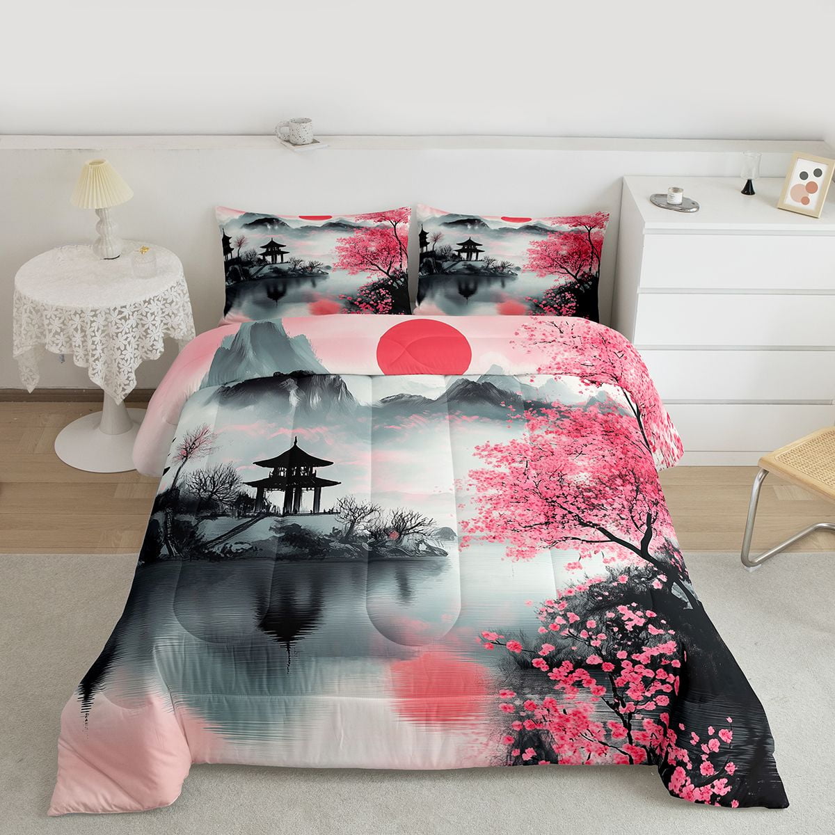 Castle Fairy Adults Oriental Cherry Blossom Twin Comforter Sets,Japanese Style Bedding Set