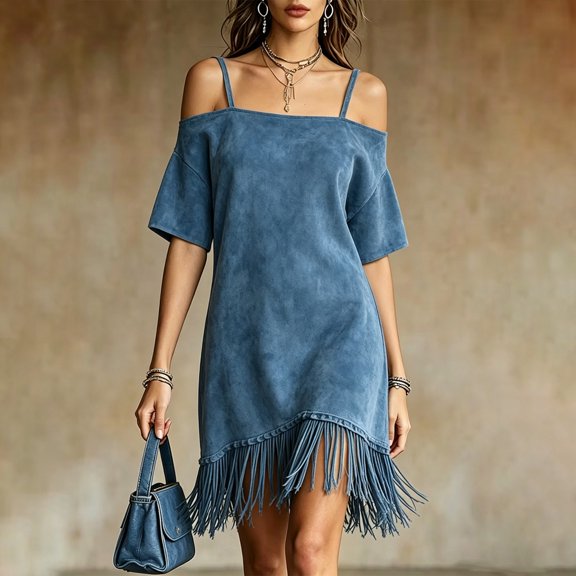 Karymi Solid Off Shoulder Spaghetti Strap Mini Dress, Short Flutter Sleeve Loose Tunic Fringe Hem Boho Western Casual Sundress Summer Dress