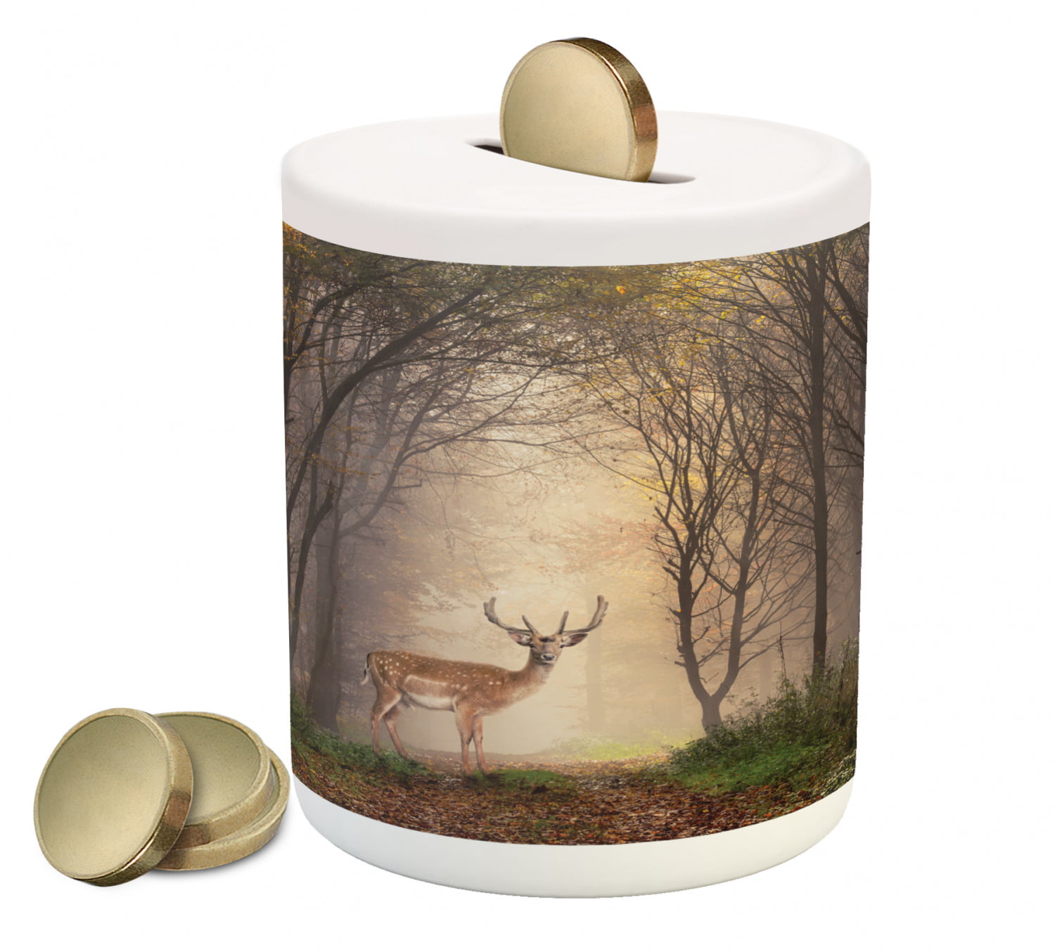 Handpainted Personalized Deer in the Forest Outdoors Theme Piggy Bank 