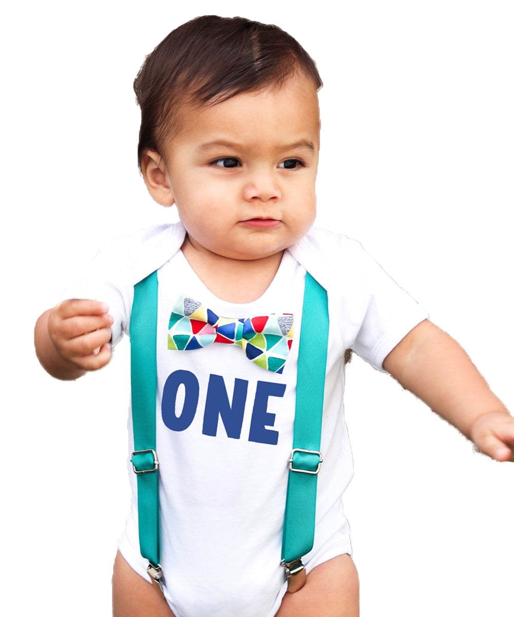 First Birthday Outfits Boy Boy Teal Suspenders Colorful Print Bow Blue