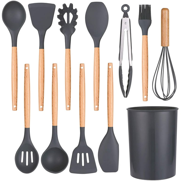 Kitchen utensils with 11 pieces - Wood and silicone - Nonstick - Kitchen  tools 