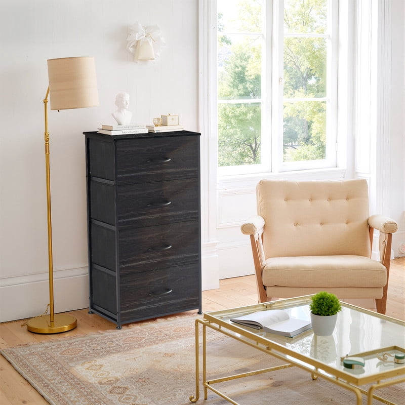 Simenmax 4 Storage Dresser for Bedroom, Wide Fabric Closet Chests Organizer Tower Furniture with Wooden Top Metal Frame for Bedroom, Living Room, Hallway, Entryway, Black Wood