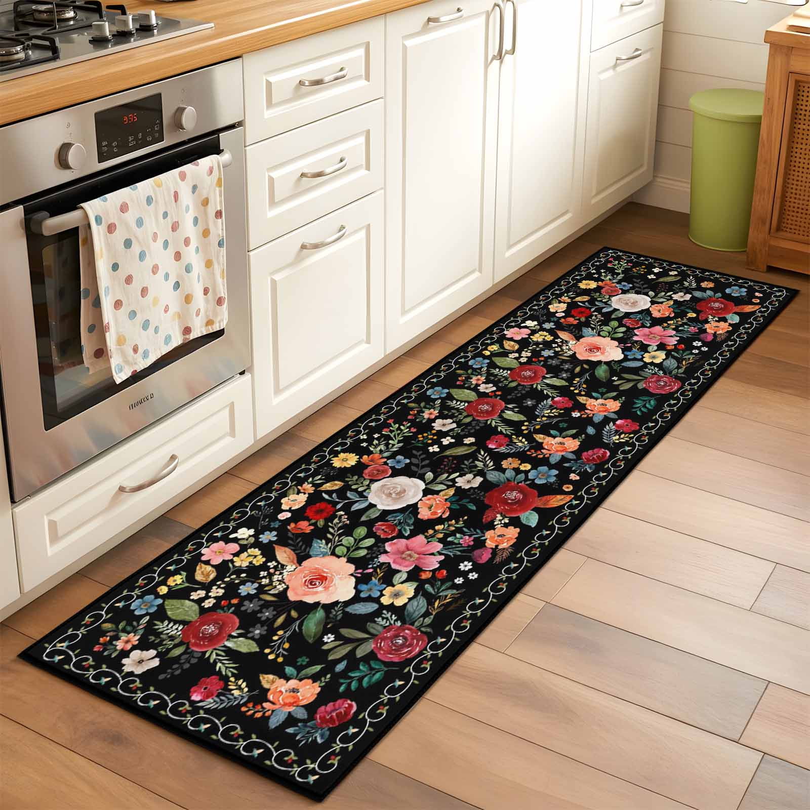 Watercolor Flowers 2'x6' Runner Rugs for Hallway Kitchen Bedside Non Slip Washable, Farmhouse Floral Vintage Black Entryway Rug Runners with Rubber Backing, Long Carpet Runner for Laundry Room