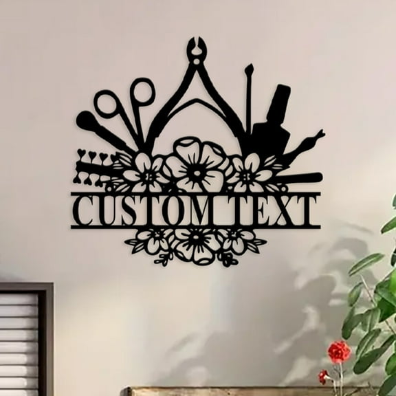 Custom Floral Nail Tech Metal Wall Art Personalized Flower Nail Tools Shop Name Sign Home Decor Nail Beauty Salon Decoration