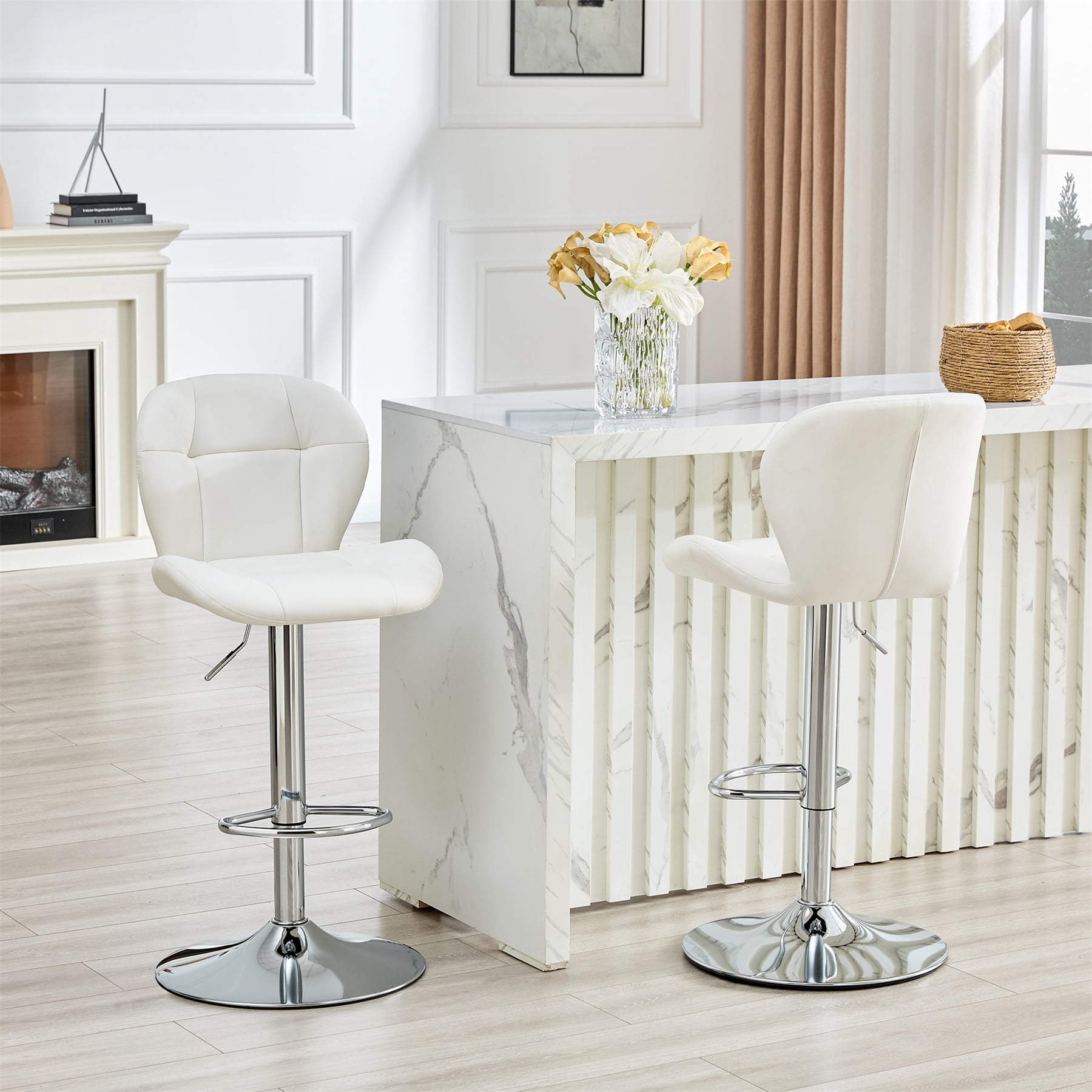 Alvantor Adjustable Bar Stools Set of 2 Modern Leather Swivel Bar Stools Counter Height Bar Chairs for Kitchen Island White