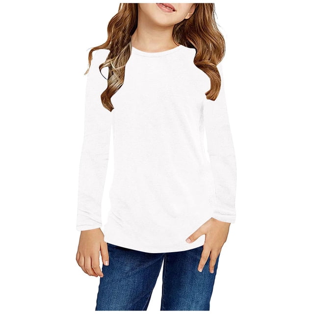RXIRUCGD Chemises à Manches Longues pour Filles, Col Rond Mignon, Blouses Décontractées Élégantes, Blanc, Taille : 5 Ans