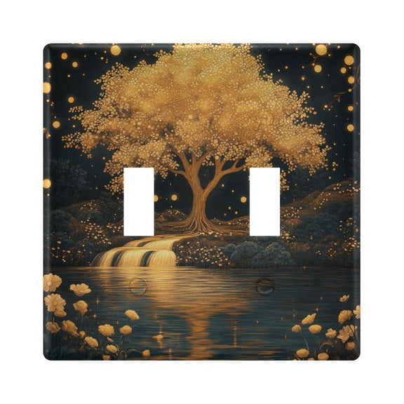 Haosy Light Switch Cover Plate 2 Gang Electrical Outlet Covers Golden Tree on River Bank Decorate Wall Plate 4.56”x4.48”