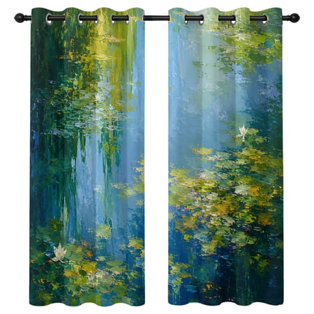 Lily Pond Blackout Curtains 63 Inches Long Summer Green Weeping Willow Lily Pads Oil Painting Style Thermal Insulated Room Darkening Drapes with Grommets for Living Room 52 W x 63 L 2 Panels