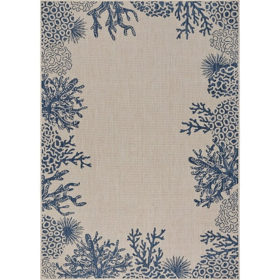 Laddha Home Designs 1.75' x 3' White and Blue Coral Reef Rectangular Outdoor Area Throw Rug