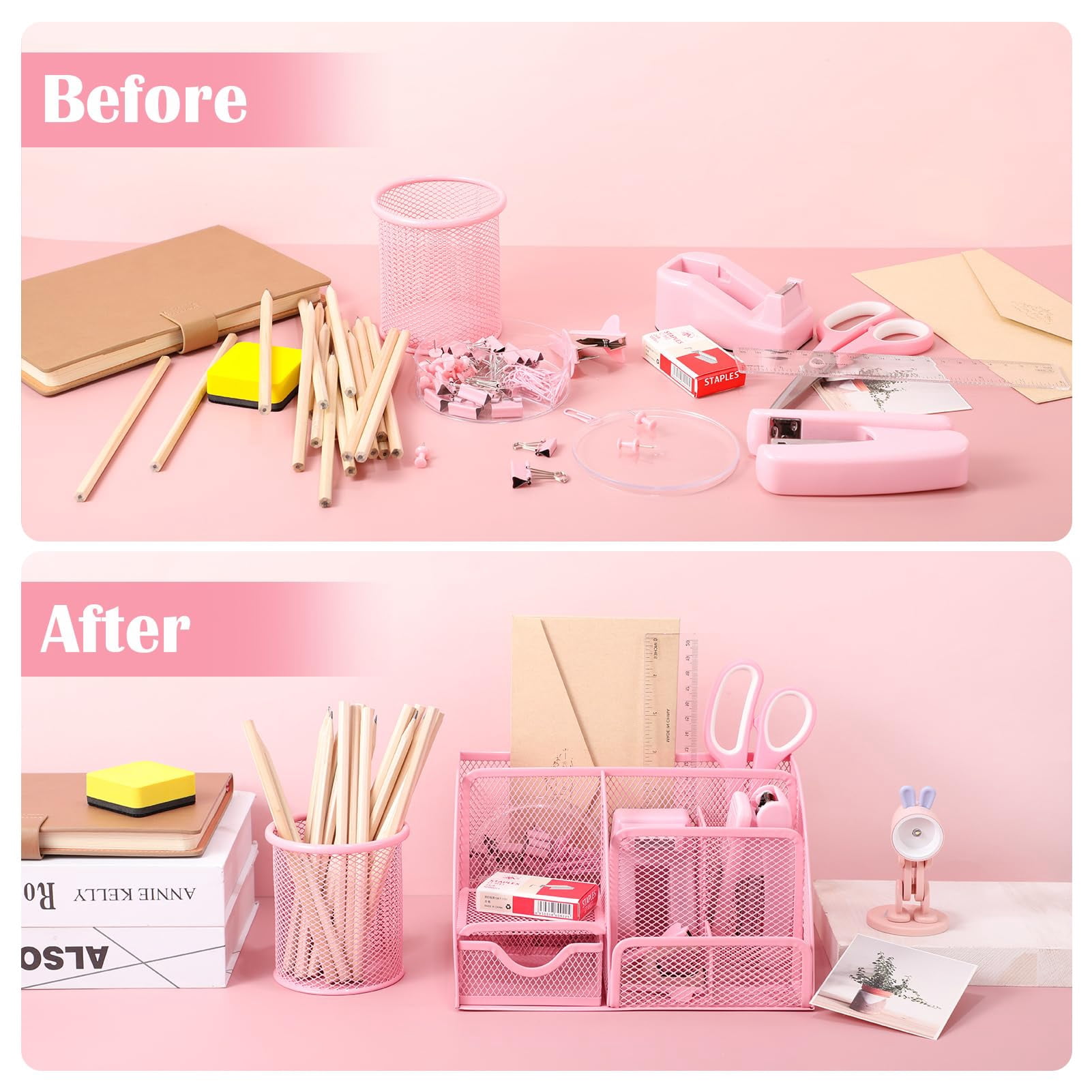 Pink Desk Organizers And Accessories  Office Supplies Include Mesh Organizer Tape Dispenser Stapler 1000 Staples Staple Remover Pen Holder Clips Set Ruler