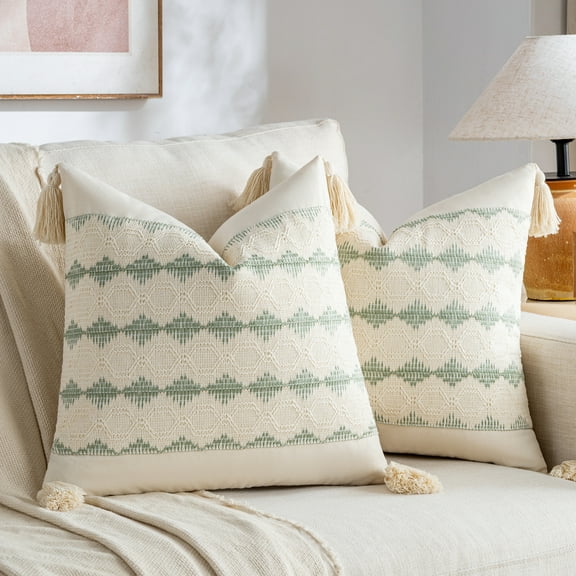 Fancy Homi Set of 2 Sage Green Boho Decorative Throw Pillow Covers 18x18 inch for Living Room Bedroom Couch Bed Sofa Chair, Rustic Retro Cushion Case with Tassels, Bohemian Farmhouse Room Home Décor