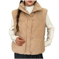 thumbnail image 4 of Htigea Puffer Vest for Women Corduroy Sleeveless Stand Collar Gilet Full Zip Warm Waistcoat Jackets with Pockets Khaki L, 4 of 9