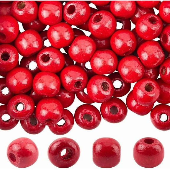 300PCS 12MM Red Wood Macrame Beads with 3.7MM Holes Hair Wooden Christmas Tree Vintage Ball Round Loose Tassel Spacer Bead Bulk for Jewelry Making Garland Home Decorations DIY Craft Supply