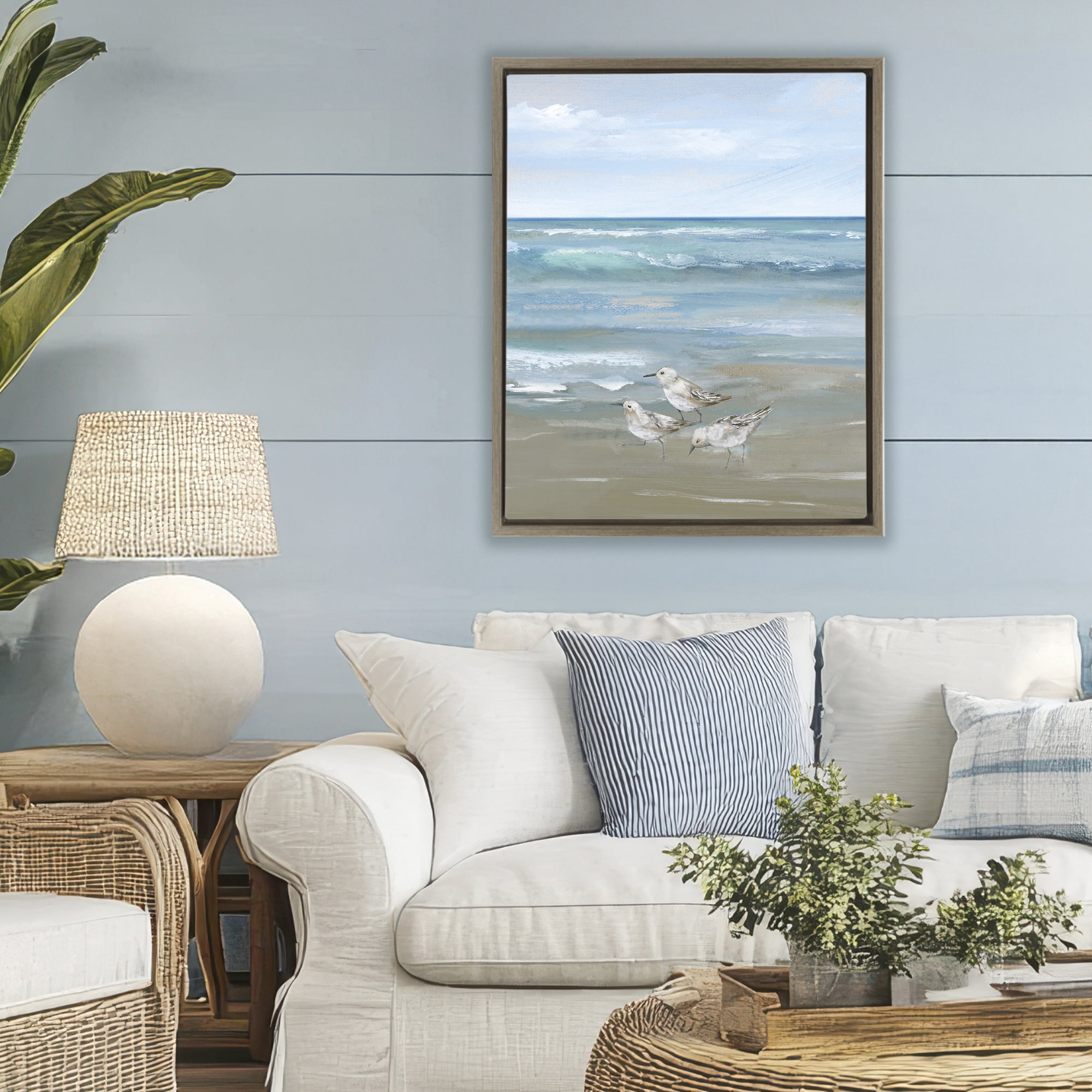 Stupell Industries Sanderlings on Gentle Waves Brown Framed Floater Canvas Wall Art, design by Nan