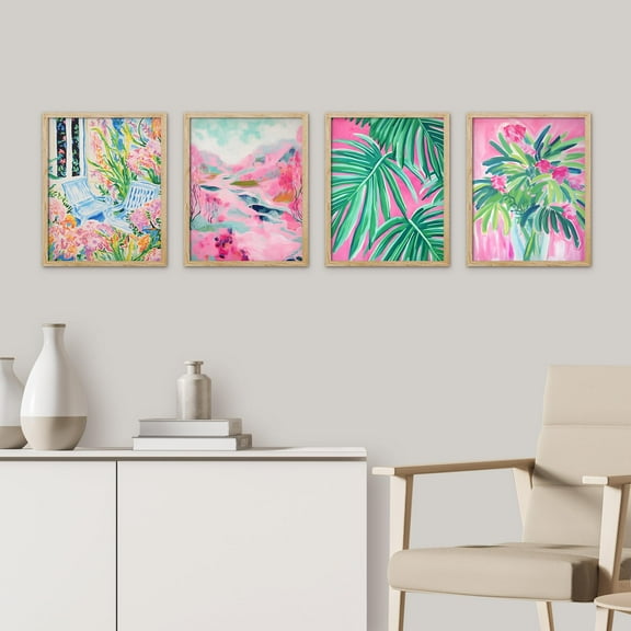 PixonSign Framed Wall Art Tropical and Bright Botanical Posters, Set of 4 Floral Landscape Canvas Prints, Classic Vintage Multicolor Nature Wall Décor for Home Decor - 11"x14" Natural