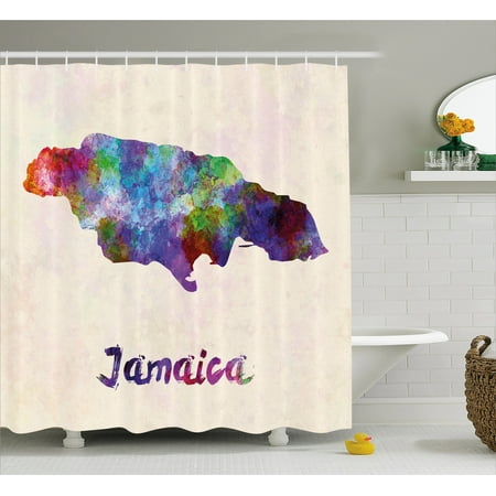 Brush Map - Jamaican Shower Curtain, Abstract Watercolor Map of Jamaica Psychedelic Inspirations Country Brush Effect, Fabric Bathroom Set with Hooks, 69W X 84L Inches Extra Long, Multicolor, by Ambesonne