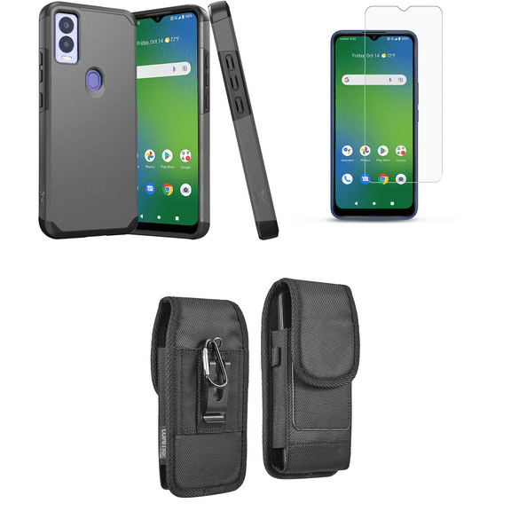 MK Dual Layer Slim Case for Cricket Magic 5G with Durable Shockproof Magnetic Back Protection Cover, Glass Screen Protector and Vertical Rugged Nylon Belt Holster Pouch (Charcoal Grey)