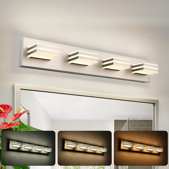 4-Light LED Brushed Nickel Vanity Lights for Bathroom Light Fixtures Adjust 3 Colors Modern Bath Lighing Over Mirror LED Vanity Light 27inch