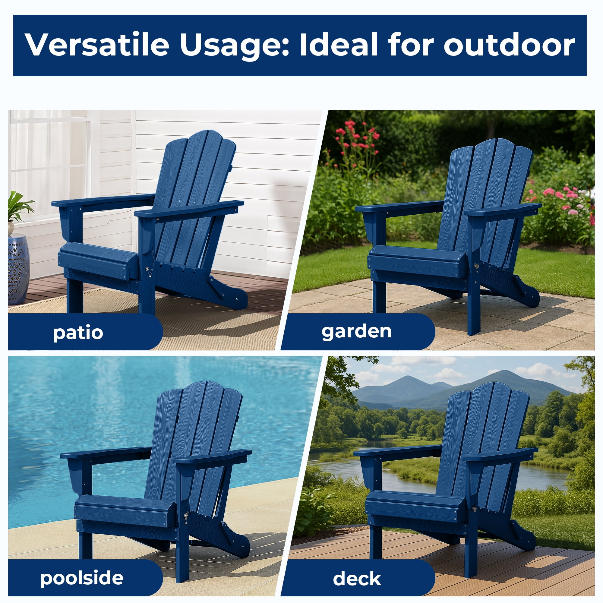 FUNDAZE HDPE Adirondack Chair, Foldable Weather-resistant Outdoor Chair for Patio, Poolside, Garden, Yard, Navy Blue
