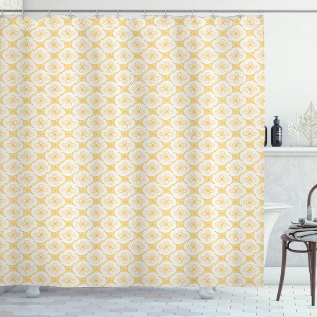 Floral Shower Curtain, Doodle Style Spring Blossoms with Geometric Abstract Shapes, Fabric Bathroom Set with Hooks, 69W X 75L Inches Long, Earth Yellow Mustard and Coconut, by Ambesonne