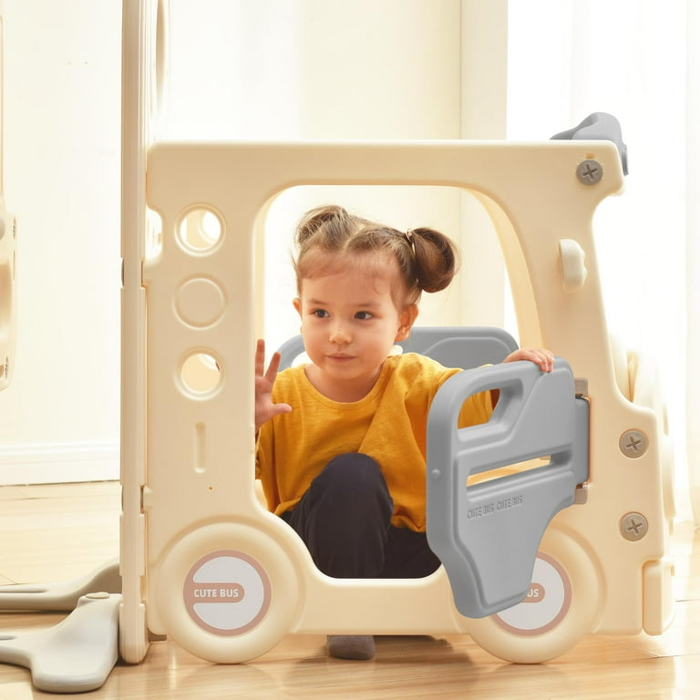 Kids Slide with Bus Play Structure Freestanding Bus Toy with Slide for Toddlers Bus Slide Set with Basketball Hoop
