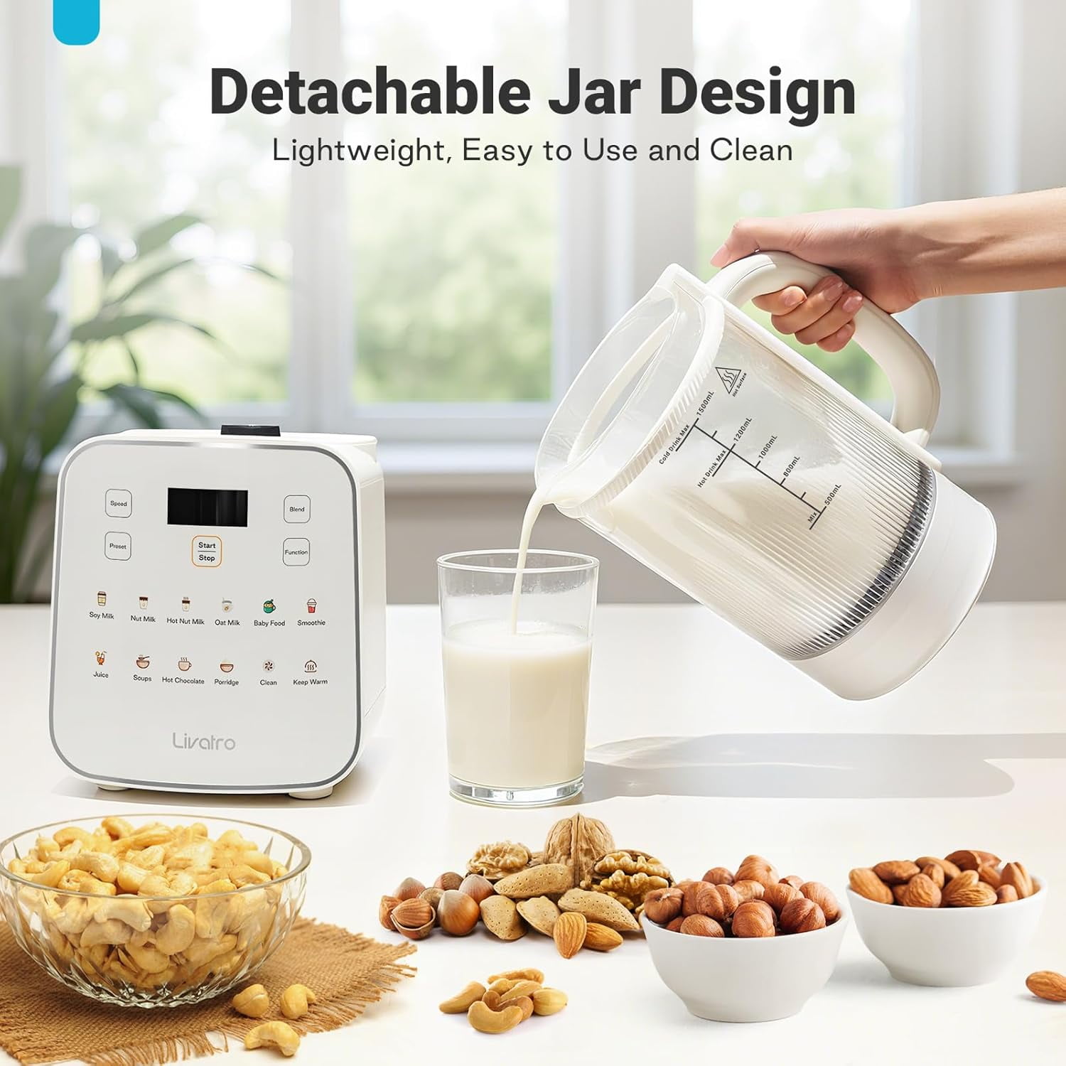 53oz Nut Milk Maker, 12‑in‑1 Heated Blender, Detachable Pitcher, 24H Delay, Keep Warm, Auto‑Clean