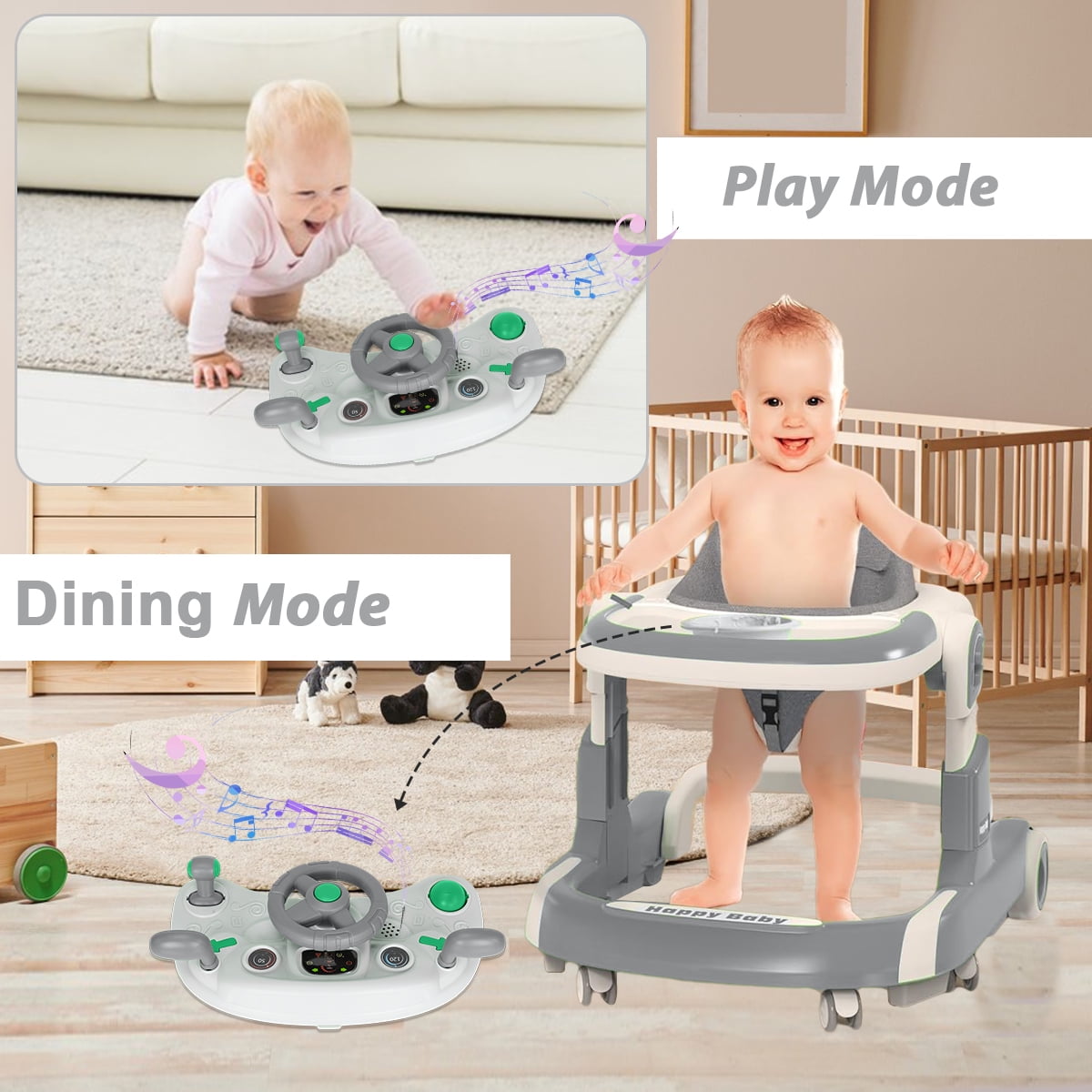 SIMANLI 5 in 1 Folding Baby Walker Adjustable Height & Speed, Kids Baby Walker with Wheels & Music Toys for Girls Boys, Gray