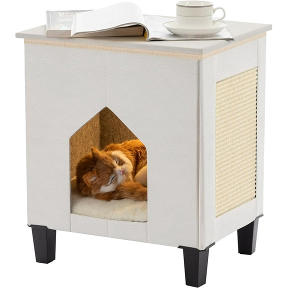 Cat House for Indoor Cats Condo,Cat Furniture with Large Area Scratch Pad，Leather Cat Bed Side Table & Nightstand for Living Room and Bedroom Decoration,White
