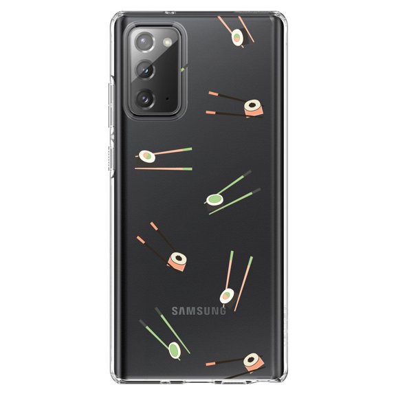 DistinctInk Clear Shockproof Hybrid Case for Samsung Galaxy Note 20 (6.7" Screen) - TPU Bumper, Acrylic Back, Tempered Glass Screen Protector - Sushi with Chopsticks - Pastels
