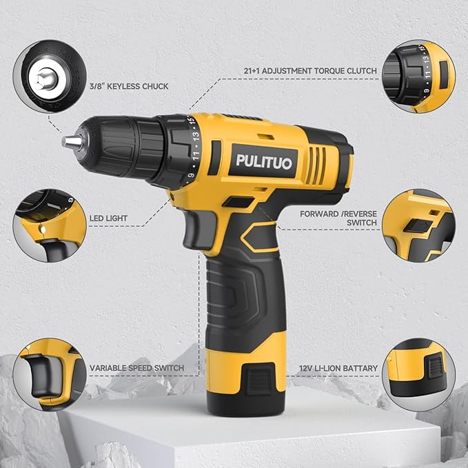 PULITUO 12V Cordless Power Drill Set with Battery and Charger, 3/8" Keyless Chuck, 21+1 Torque Settings, Built-in LED Light, Compact Electric Drill Kit for Home Improvement and DIY Projects(yellow)