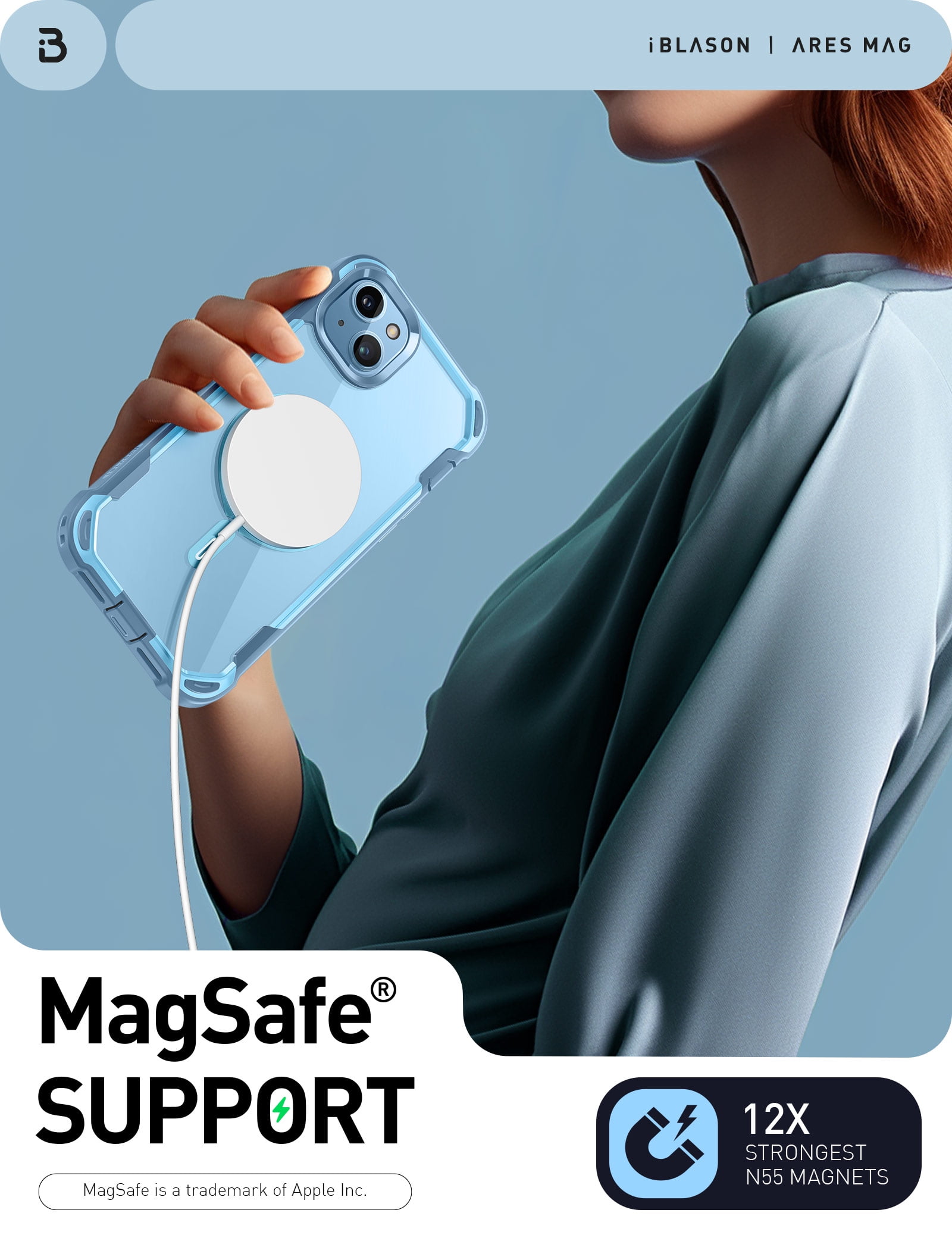 i-Blason AresMag for iPhone 15 Plus Case [6.7 inch], [MagSafe Compatible] Full-Body Dual Layer Anti-Slip Shockproof Rugged Clear Bumper Case with Built-in Screen Protector (Blue)