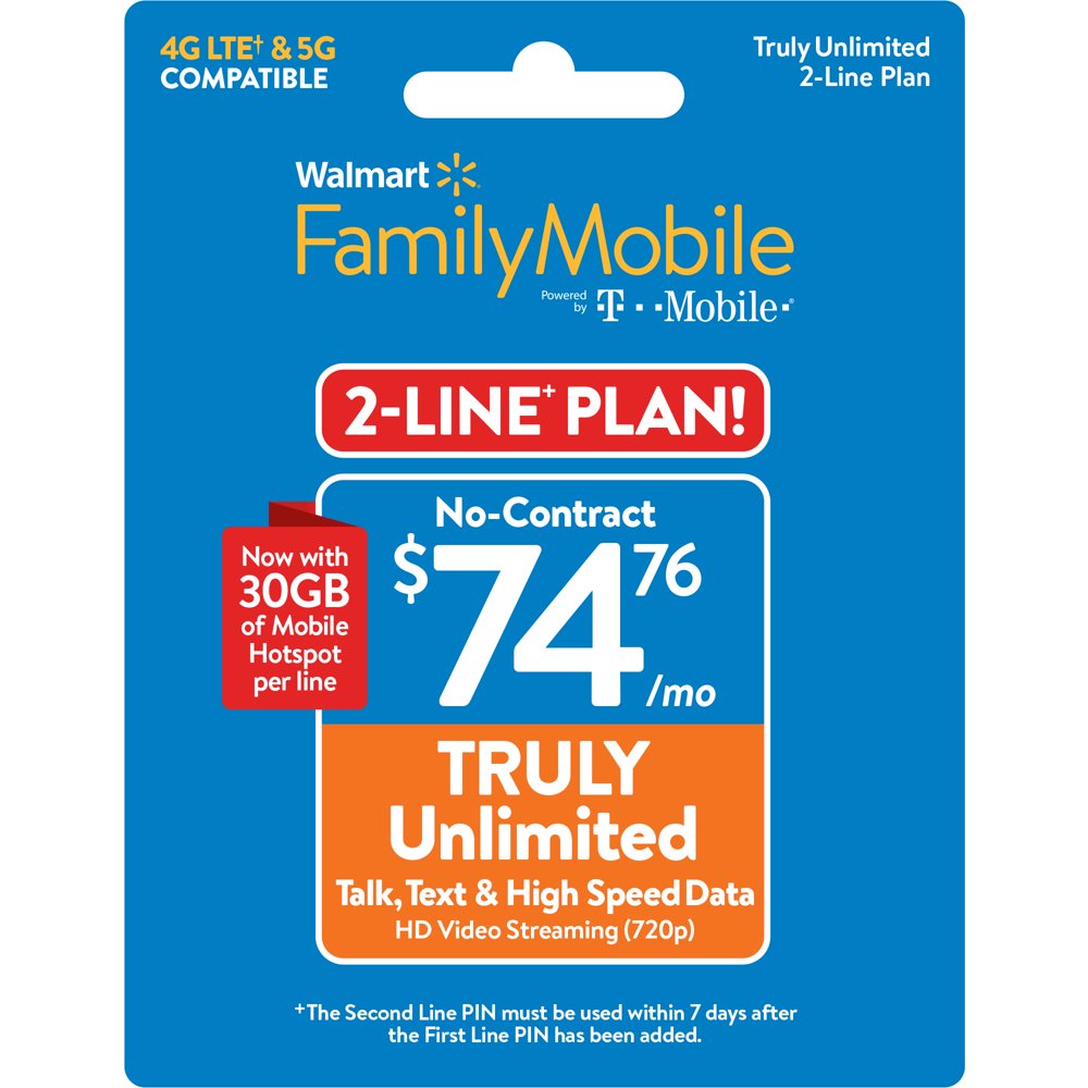 Walmart Family Mobile 74.76 Truly Unlimited 2line Plan w 30GB of