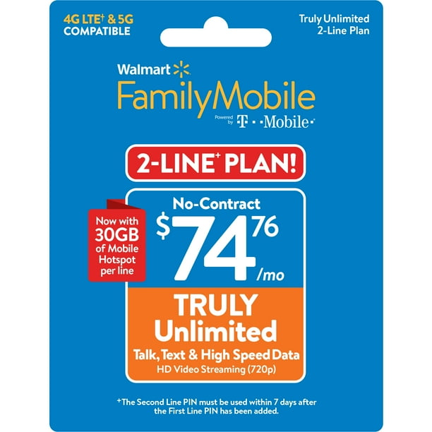 Walmart Family Mobile 74.76 TRULY Unlimited 2line Plan w 30GB of