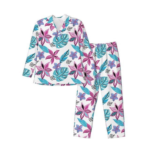 Fotbe Hawaiian Style Pijama de Hombre con Estampado de Manga Larga, Conjunto de 2 Piezas, Ropa de Dormir Suave y Cómoda con Bolsillos-Large