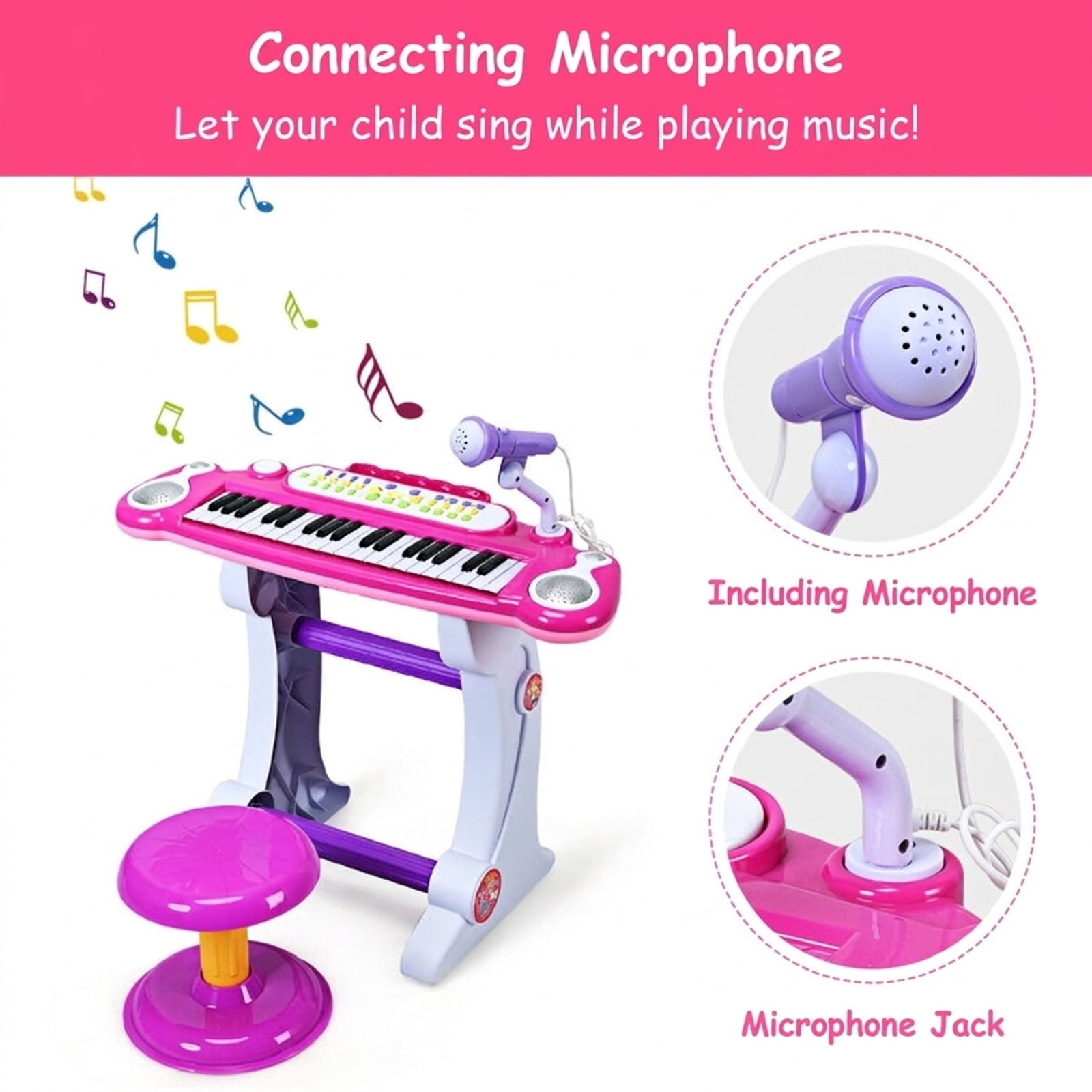 Redsmile 37-Key Kids Piano Keyboard with Microphone and Recording plus Matching Stool for Toddlers to Sing and Play at Home, Pink