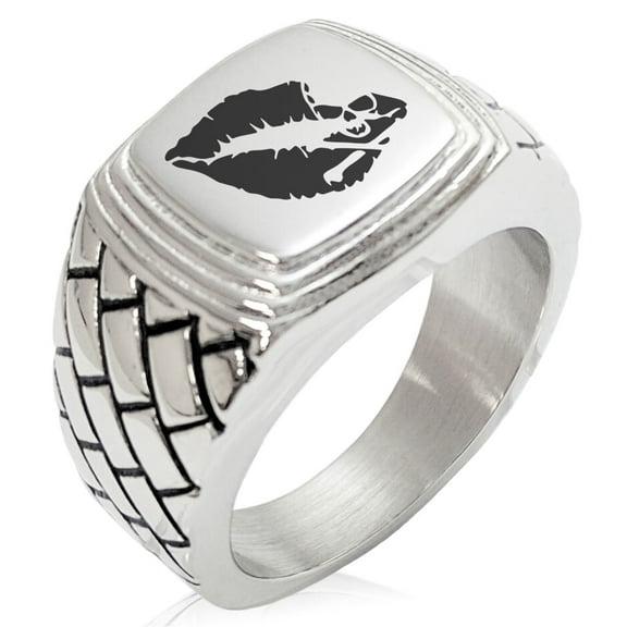 Stainless Steel Skull & Crossbones Kiss of Death Geometric Pattern Step-Down Biker Style Polished Ring