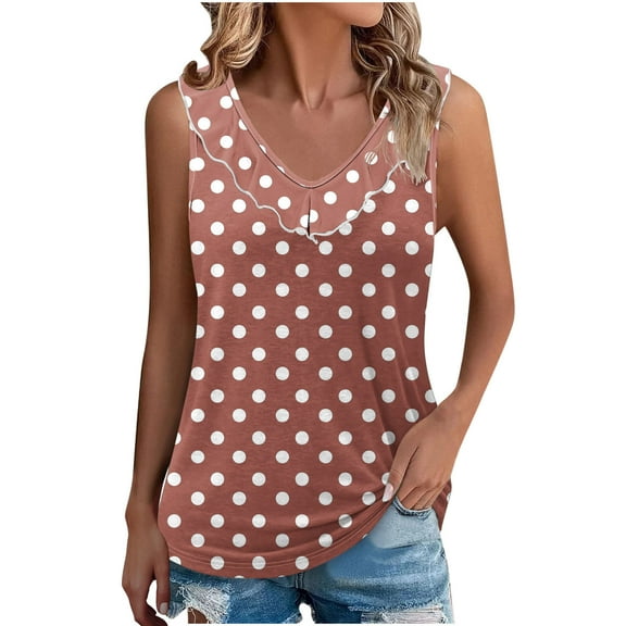 Posijego Tank Tops for Women Polka Dot Printed Ruffle V Neck Sleeveless Shirts Summer Clothes