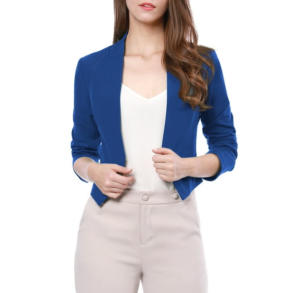 Women's Work Office Blazer Collarless Business Casual Suit Jacket Cropped Blazer M Blue