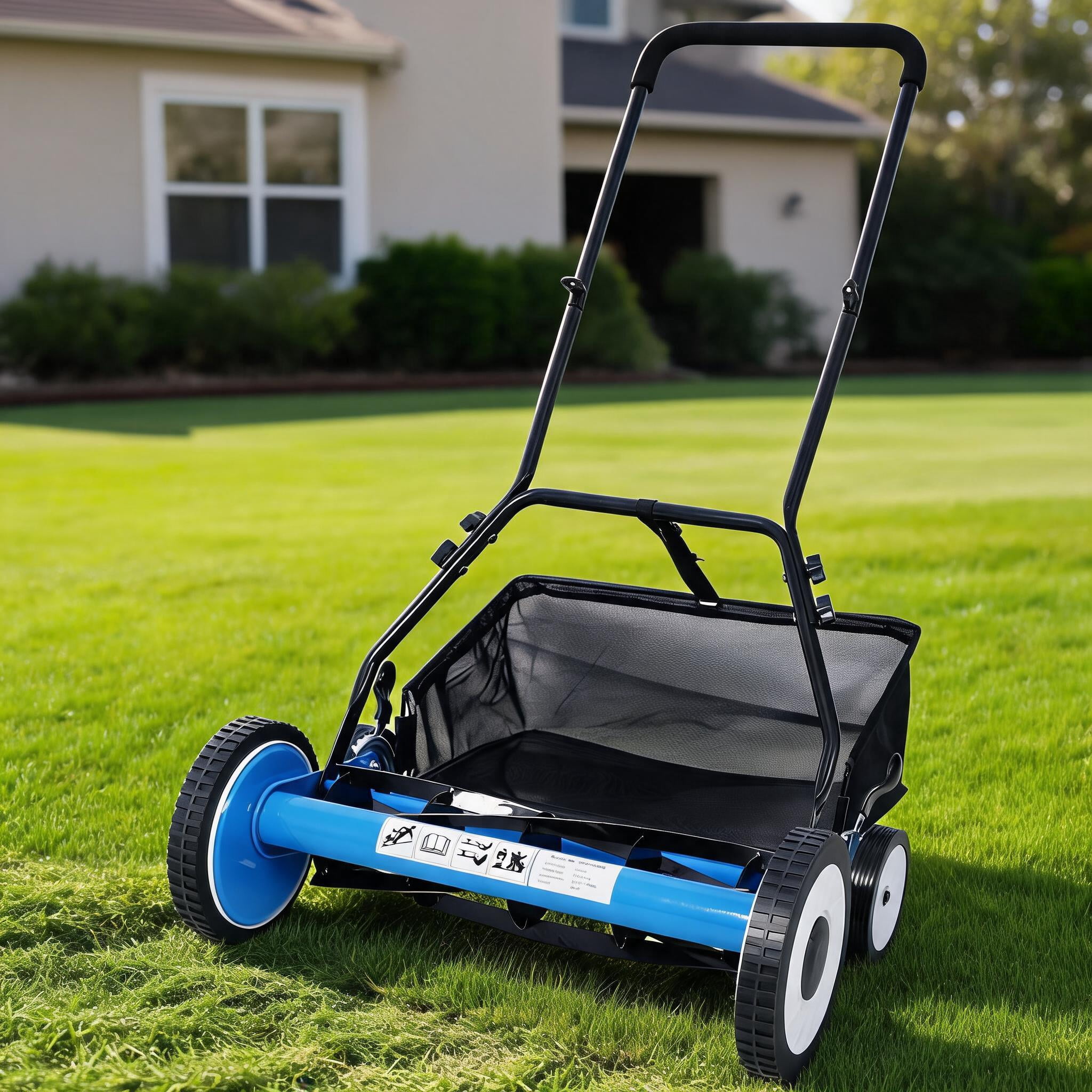 16in 5-Blade Push Reel Lawn Mower with Grass Catcher, 4 WHEELS